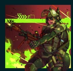  1girl absurdres animal_ears armor assault_visor bendit black_background black_hair bulletproof_vest combat_helmet english_text fang firing gloves green_background gun helmet highres holding holding_gun holding_weapon injury inset_border knee_pads machine_gun open_mouth original red_background shell_casing shoulder_armor simple_background slit_pupils solo suppressor tactical_clothes tail teeth weapon yellow_eyes 