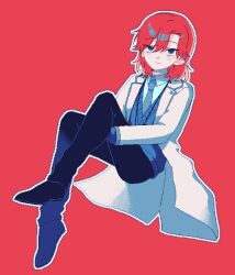  1boy black_pants black_shoes blue_eyes blue_necktie blue_shirt blue_sweater blush coat collared_shirt commentary_request dress_shirt full_body highres hyoutenka_30-do_no_zetsubou invisible_chair knees_up lanyard male_focus medium_hair mole mole_under_eye necktie pants pixel_art qiquan_gente red_background red_hair shirt shoes simple_background sitting smile solo sweater tonimura_yui white_coat 
