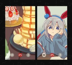  1girl animal_ears blue_eyes blue_hairband blue_hoodie cinnamon_stick closed_mouth collarbone commentary_request ear_covers food fruit giragira_egao grey_hair hair_between_eyes hairband head_rest headband highres hood hood_down hoodie horse_ears horse_girl ice_cream korean_commentary long_hair long_sleeves maple_syrup multicolored_hairband pancake red_headband strawberry striped_clothes striped_hairband syrup tamamo_cross_(umamusume) umamusume video_call 