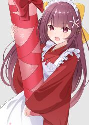  1girl apron bow highres japanese_clothes kamikaze_(kancolle) kamikaze_(valentine)_(kancolle) kantai_collection kashiwa_no_udon kimono long_hair maid maid_headdress meiji_schoolgirl_uniform open_mouth purple_hair red_eyes red_kimono solo tube wa_maid white_apron yellow_bow 