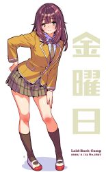  1girl black_socks blazer blue_nails brown_hair brown_necktie brown_skirt closed_mouth contrapposto copyright_name dated hand_on_own_hip hand_on_own_leg highres jacket jagi_(jagi_souken) long_hair long_sleeves miniskirt nail_polish necktie orange_jacket pleated_skirt shirt shoes skirt smile socks solo straight_hair toki_ayano uwabaki white_background white_shirt yurucamp 