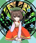  animal_ears bad_id brown_hair cat_ears cat_tail chen china_dress chinadress chinese_clothes hat multiple_tails paw_pose ribbon ribbons short_hair tail tongue touhou 