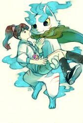 1boy 1girl blue_fur blue_hair body_markings brown_eyes brown_hair cape carrying carrying_person fire furry green_sclera kodama_fumika komainu long_hair ponytail princess_carry ribbon shishikoma size_difference striped swirl white_fur yellow_sclera youkai youkai_watch youkai_watch_(object)