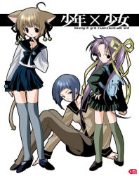  3girls animal_ears artist_name bad_id bell black_eyes black_necktie black_ribbon black_sailor_collar black_shirt black_shoes black_skirt blue_hair blue_neckerchief blue_sailor_collar blue_shoes blue_skirt brown_hair brown_pantyhose brown_shirt cat_ears cat_girl cat_tail closed_mouth green_thighhighs grey_thighhighs hair_bell hair_ornament hair_ribbon hand_on_own_hip jingle_bell kisaragi_mizu knees_up long_hair long_sleeves looking_at_viewer looking_back looking_to_the_side miniskirt multiple_girls neckerchief necktie original pantyhose parted_lips pleated_skirt purple_hair ribbon sailor_collar school_uniform serafuku shirt shoes short_hair sitting skirt sleeves_past_wrists smile standing tail thigh-highs twintails very_long_hair white_shirt yellow_ribbon 