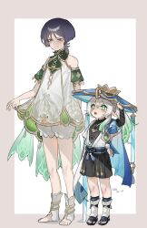  1boy 1girl anklet aqua_gem arm_at_side arm_up armlet armor arms_at_sides asymmetrical_sidelocks baiyuyi bare_shoulders belt black_belt black_bodysuit black_bow black_bridal_gauntlets black_hair black_sandals black_shorts bloomers blue_cape blue_hat blue_jingasa blue_kimono blue_rope blue_sash blue_sleeves blunt_ends blush bodysuit border bow bridal_gauntlets brown_border cape chinese_text choppy_bangs closed_mouth colored_tips cosplay costume_switch cross-shaped_pupils crossdressing crossdressing_(ftm) crossdressing_(mtf) curtsey detached_sleeves dress eyelashes eyeliner feathers full_body furisode gem genshin_impact gold gold_trim green_cape green_eyes green_gem green_hair green_sleeves hair_between_eyes hakama hakama_shorts hashtag-only_commentary hat height_difference highres japanese_armor japanese_clothes jewelry juban kimono kote kurokote layered_sleeves leg_warmers long_hair looking_at_another looking_down makeup mandarin_collar multicolored_hair nahida_(genshin_impact) nahida_(genshin_impact)_(cosplay) open_clothes open_kimono open_mouth pleated_shorts pointy_ears pom_pom_(clothes) red_eyeliner rope sandals sash scaramouche_(genshin_impact) short_sleeves shorts shoulder_peek side_cape side_ponytail sidelocks socks standing stirrup_legwear symbol-shaped_pupils tareme tassel teeth toeless_legwear toeless_socks toes translation_request tsurime upper_teeth_only violet_eyes vision_(genshin_impact) wanderer_(genshin_impact) wanderer_(genshin_impact)_(cosplay) white_background white_bloomers white_dress white_hair white_kimono white_leg_warmers white_sleeves white_socks white_trim yellow_feathers zouri 