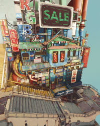  air_conditioner aqua_background cheef0ng corrugated_galvanized_iron_sheet highres industrial industrial_pipe landscape original railing scenery science_fiction stairs window 