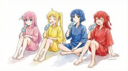  4girls :d ^_^ ahoge aqua_eyes arm_at_side arm_support barefoot blonde_hair blue_hair blue_kimono blue_shorts bocchi_the_rock! bottle braid choppy_bangs closed_eyes closed_mouth color_coordination commentary_request cube_hair_ornament dot_nose expressionless gotoh_hitori hair_ornament hand_on_own_knee hand_on_own_leg hand_up happy highres holding holding_bottle ijichi_nijika indian_style japanese_clothes kessoku_band kimono kita_ikuyo knees_up long_hair long_sleeves multiple_girls one_side_up open_mouth pink_hair pink_kimono pink_shorts red_hair red_kimono red_shorts short_hair short_kimono shorts side_ponytail side_ponytail_with_braided_base simple_background sitting smile split_mouth straight_hair user_ejwe3242 white_background yamada_ryo yellow_eyes yellow_kimono yellow_shorts 