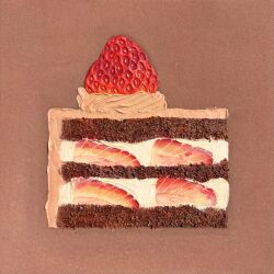  brown_background cake cake_slice chocolate_cake food food_focus fruit highres kawaiimatiere no_humans original strawberry 
