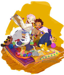 2girls amity_blight carpet dark-skinned_female dark_skin eyebrow_cut ghost_(the_owl_house) holding holding_needle knitting knitting_needle kuma20151225 luz_noceda multiple_girls needle pointy_ears smile socks stringbean_(the_owl_house) teeth the_owl_house upper_teeth_only yarn yarn_ball 