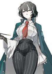  1girl :o artist_request black_hair black_pants breasts coat coat_on_shoulders cowboy_shot gloves half-closed_eyes highres holding holding_smoking_pipe large_breasts limbus_company long_sleeves moses_(project_moon) multicolored_hair necktie pants project_moon red_necktie shirt short_hair simple_background smoking_pipe streaked_hair the_distortion_detective upper_body white_background white_shirt 