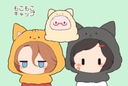  3girls animal_hood bandaid bandaid_on_cheek bandaid_on_face biwa_hayahide_(umamusume) black_hair blue_eyes blush bnw_(umamusume) brown_hair cat_hood chibi chibi_only commentary_request glasses gomashio_(goma_feet) green_background hair_ornament hairclip hood hood_up jitome multiple_girls narita_taishin_(umamusume) red-framed_eyewear semi-rimless_eyewear short_hair simple_background translation_request umamusume under-rim_eyewear upper_body winning_ticket_(umamusume) |_| 