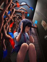  absurdres aka_manto black_hair clip_studio_paint_(medium) collared_shirt commentary_request covering_own_ears crying extra_arms highres horror_(theme) japanese_urban_legends monster necktie original pleated_skirt school_uniform shirt sitting skirt striped_clothes striped_necktie tears tile_wall tiles toilet toilet_stall translation_request uyuragi 