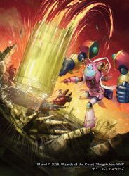  1girl 1other 2026 assault_visor attack_trail commentary_request copyright_notice covered_navel destruction duel_masters extra_arms fanny_pack hagoromo hammer holding holding_hammer miroku_(duel_masters) momose_hisashi official_art open_mouth pointing pointing_at_another robot_girl shawl 
