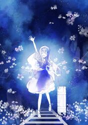  1girl :d ^_^ arm_at_side arm_up black_hairband blue_background blue_camisole blue_capelet blue_skirt blue_theme bone_hair_ornament camisole capelet chogi closed_eyes commentary_request facing_viewer flower frilled_capelet frills full_body hair_between_eyes hair_ornament hairband happy highres holding holding_suitcase kushima_kamome limited_palette long_hair open_mouth outstretched_hand pink_flower railroad_tracks rolling_suitcase shoes simple_background skirt skull_and_crossbones skull_hair_ornament smile solo standing straight_hair suitcase summer_pockets very_long_hair waving white_flower white_shoes 