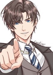  1boy artem_wing_(tears_of_themis) blue_eyes brown_hair collared_shirt commentary_request diagonal-striped_clothes diagonal-striped_necktie eyebrows_hidden_by_hair grey_jacket grey_vest hashtag-only_commentary highres jacket long_sleeves looking_at_viewer male_focus micsthemd necktie open_clothes open_jacket pointing pointing_at_viewer shirt signature simple_background smile solo striped_clothes tears_of_themis thick_eyebrows upper_body v-shaped_eyebrows vest white_background white_shirt 