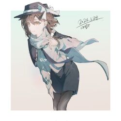  1girl black_hat black_pantyhose black_skirt bow brown_eyes brown_hair capelet chinese_commentary closed_mouth commentary dated hair_tie hat hat_bow highres leaning_forward long_sleeves looking_at_viewer medium_hair pantyhose renkxia ribbon-trimmed_capelet ribbon_trim scarf shirt signature skirt smile solo touhou usami_renko white_bow white_scarf white_shirt 