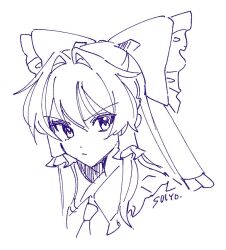  1girl artist_name bow closed_mouth frilled_bow frilled_hair_tubes frills hair_bow hair_tubes hakurei_reimu long_hair looking_at_viewer monochrome portrait purple_theme solo touhou uehara_suiyo 