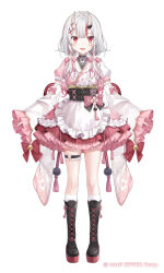  1girl black_boots black_corset boots center-flap_bangs commentary_request copyright_name corset detached_sleeves frilled_kimono frilled_shirt_collar frilled_sleeves frills full_body gradient_hair grey_hair hair_between_horns hair_ornament highres hololive horns japanese_clothes kimono knee_boots kneehighs lace-up_boots long_hair long_sleeves low_twintails multicolored_hair nakiri_ayame nakiri_ayame_(10th_costume) o-ring o-ring_thigh_strap official_alternate_costume official_alternate_hairstyle official_art oni pink_kimono pom_pom_(clothes) pom_pom_hair_ornament puffy_short_sleeves puffy_sleeves red_eyes red_hair sakura_shiori short_sleeves simple_background skin-covered_horns socks solo streaked_hair thigh_strap twintails two-tone_kimono variations virtual_youtuber white_background white_kimono white_socks wide_sleeves x_hair_ornament 