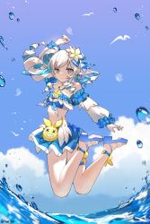  1girl alternate_costume arm_up bikini bird blue_bikini blue_nails blue_sky blurry bronya_zaychik bronya_zaychik_(herrscher_of_truth) bronya_zaychik_(seaside_vibes) bug butterfly character_doll chinese_commentary closed_mouth clouds cloudy_sky commentary_request depth_of_field detached_sleeves doll drill_hair floating frilled_bikini frilled_sleeves frills from_behind grey_eyes grey_hair hair_between_eyes hair_ornament high_heels highres homu_(honkai_impact) honkai_(series) honkai_impact_3rd long_sleeves looking_at_viewer multicolored_hair ocean outdoors shade skirt sky solo stomach streaked_hair swimsuit thighs too_many too_many_birds twin_drills two-tone_hair water water_drop zhaoshao_wan_harita 