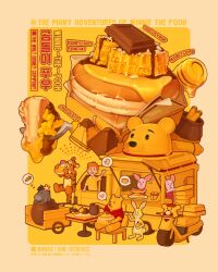  6+boys bear_boy carrot chair character-themed_food chocolate chocolate_syrup christopher_robin commentary copyright_name disney donkey dual_persona eeyore english_commentary english_text flower food food_truck hair_flower hair_ornament heart highres honey honey_dipper korean_text moped motor_vehicle multiple_boys orange_hair pancake pfbmp pig_boy piglet_(winnie_the_pooh) pooh rabbit_(winnie_the_pooh) rabbit_boy red_shirt shirt speech_bubble spoken_food spoken_heart table thought_bubble tiger_boy tigger winnie_the_pooh yellow_shirt 