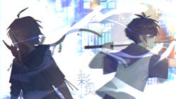  2boys ahoge antenna_hair black_hair black_hoodie blue_eyes closed_mouth commentary dreamycakesss english_commentary eye_trail from_side grey_shirt highres holding holding_sword holding_weapon hood hood_down hoodie light_trail looking_ahead male_focus mask multiple_boys oni_mask original serious shirt short_hair short_sleeves sword unworn_mask weapon 