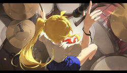  1girl blonde_hair blue_skirt bocchi_the_rock! braid chinese_commentary commentary_request cymbals drum drum_set drumsticks facing_away from_above hand_up holding holding_drumsticks ijichi_nijika instrument letterboxed miniskirt motion_blur music outside_border playing_drums playing_instrument pleated_skirt ponytail ponytail_with_braided_base school_uniform shalou shirt short_hair side_ponytail sitting skirt slice_of_life solo white_shirt 