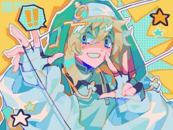 1girl androgyne_symbol black_gloves blonde_hair blush bridget_(guilty_gear) butchery00 fingerless_gloves gloves green_eyes guilty_gear guilty_gear_strive hair_between_eyes hood hood_up hooded_jacket hoodie jacket long_sleeves male_focus medium_hair open_clothes open_hoodie smile star_(symbol) transgender yo-yo