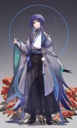  1boy adapted_costume alternate_hair_length alternate_hairstyle aqua_sleeves arm_at_side baiyuyi black_bodysuit black_boots black_eyes black_pants blue_cape blue_halo blunt_ends bodysuit boots bow cape closed_mouth earrings eyeliner fingernails flower full_body furisode genshin_impact gold hakama hakama_pants halo halo_behind_head hand_up hashtag-only_commentary highres japanese_clothes jewelry katana kimono lace-up_boots layered_sleeves long_hair makeup male_focus mandala mandarin_collar pants pleated_pants purple_bow purple_hair purple_sash red_eyeliner red_flower sash scaramouche_(genshin_impact) shadow sheath sheathed side_cape sleeves_past_fingers sleeves_past_wrists solo standing sword tassel tassel_earrings very_long_hair wanderer_(genshin_impact) weapon white_kimono white_sleeves white_trim wide_sleeves wispy_bangs 