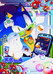 1990s_(style) 2000s_(style) anger_vein animal_nose black_fur blackberry_honey blue_fur dual dual_persona ear_piercing frutiger_aero furry furry_male game_console hedgehog_boy highres hot_dog icon_(computing) jewelry necklace piercing red_fur retro_artstyle ring_(sonic) sega sega_dreamcast shadow_the_hedgehog sirpyes sonic.exe_(character) sonic_(series) sonic_the_hedgehog speech_bubble