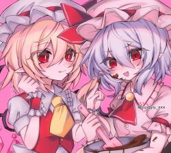  2girls :q ascot bat_wings blonde_hair blush bowl chocolate chocolate_making chocolate_on_hand collared_shirt commentary commentary_request crystal crystal_wings fang flandre_scarlet food food_on_face food_on_hand frilled_shirt_collar frills hair_between_eyes hat highres holding holding_bowl holding_spatula medium_hair mob_cap multiple_girls one_side_up open_mouth pink_background pink_hat pointy_ears puffy_short_sleeves puffy_sleeves purple_hair red_ascot red_eyes red_vest remilia_scarlet shirt short_sleeves siblings simple_background sisters smile spatula suigyu_xxx sweatdrop tongue tongue_out touhou twitter_username untranslatable_commentary valentine vest watermark white_shirt wings wrist_cuffs yellow_ascot 
