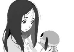  bad_drawr_id bad_id black_hair cardigan holding holding_stuffed_toy looking_at_object maromi messy_hair mousou_dairinin oekaki ohiam sagi_tsukiko stuffed_animal stuffed_dog stuffed_toy white_background worried 