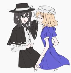  2girls absurdres black_capelet black_eyes black_hair black_hat black_skirt blonde_hair bow buttons capelet closed_eyes collared_dress commentary_request contrast_collar cowboy_shot cropped_legs dress hair_bow hand_on_own_head hat hat_bow highres long_sleeves looking_at_another maribel_hearn medium_hair mob_cap multiple_girls open_mouth purple_dress ribbon-trimmed_capelet ribbon_trim shirt short_sleeves signature skirt smile touhou uehara_suiyo usami_renko white_background white_hat white_shirt 