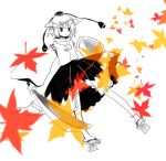  autumn_leaves hat inubashiri_momiji leaf leaves maple_leaf miya_(artist) miya_(tsumazukanai) monochrome pom_pom_(clothes) shield spot_color sword tengu-geta tokin_hat touhou weapon 