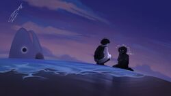  2boys absurdres antenna_hair artist_name beach black_hair black_shirt black_shoes black_shorts black_skin black_socks black_sweater_vest black_tank_top choccymilk303 clouds collared_shirt colored_skin commentary double-parted_bangs english_text hair_between_eyes hashtag-only_commentary highres kneehighs looking_at_another male_focus multiple_boys omori omori_(omori) outdoors shirt shoes short_hair short_sleeves shorts sidelocks sitting sky socks spoilers squatting star_(sky) starry_sky stranger_(omori) sweater_vest tank_top two-tone_shorts wariza water white_eyes white_shorts white_skin 