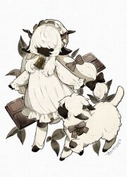  1girl animal animal_ears black_skin bow candy chocolate chocolate_bar colored_skin commentary dated dress food full_body grey_bow hair_bow hat highres long_hair long_sleeves mob_cap open_mouth original sakutake_(ue3sayu) sheep sheep_ears sheep_girl signature simple_background solo standing standing_on_one_leg striped_bow untranslatable_commentary white_dress white_hair white_hat 