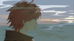  1boy cigarette from_side green_eyes hair_between_eyes highres inedible0217 lauren_iroas lauren_iroas_(1st_costume) light_particles long_hair looking_ahead male_focus nijisanji parted_lips portrait red_hair smoke smoke_trail smoking solo virtual_youtuber 