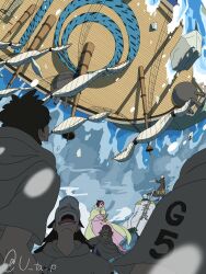  1girl 6+boys black_coat boat boots brown_hair cloak coat coat_on_shoulders commentary_request epaulettes hat highres jitte multiple_boys one_piece open_mouth outdoors pink_boots pink_coat short_hair shroud_(sailing) smoker_(one_piece) tashigi trafalgar_law twitter_username u_ta_p undercut upside-down watercraft weapon weapon_on_back 