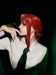  1girl arm_at_side black_necktie blunt_bangs braid braided_ponytail breasts chainsaw_man closed_mouth collared_shirt dark_background demon_girl english_commentary expressionless fingernails formal_clothes fuyutsuki. hand_up highres long_hair long_sidelocks looking_at_another makima_(chainsaw_man) mature_female medium_breasts mouse_(animal) necktie office_lady pale_skin red_hair red_lips ringed_eyes shirt sidelocks single_braid spot_color standing upper_body white_shirt yellow_eyes 