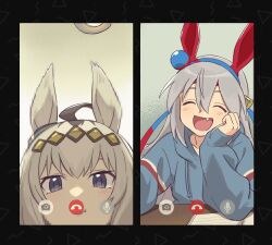  2girls ahoge animal_ears blue_eyes blue_hairband blue_hoodie blush closed_eyes collarbone commentary_request ear_covers ear_ornament fang giragira_egao grey_hair hair_between_eyes hair_ornament hairband head_rest headband highres hood hood_down hoodie horse_ears horse_girl korean_commentary long_hair long_sleeves multicolored_hair multicolored_hairband multiple_girls oguri_cap_(umamusume) open_mouth red_headband smile striped_clothes striped_hairband tamamo_cross_(umamusume) two-tone_hairband umamusume video_call 