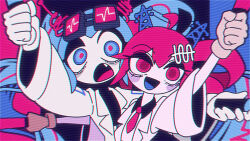  2girls blue_eyes blue_hair blush_stickers collared_shirt commentary_request eyewear_on_head fang gloves goggles hair_ornament hairpin hatsune_miku highres jigen_tsuushin_(vocaloid) kasane_teto korean_commentary lab_coat long_hair long_sleeves looking_at_viewer multiple_girls necktie open_mouth outstretched_arms red_eyes red_hair saku_ram scanlines shirt smile synthesizer_v traffic_baton twintails upper_body utau video_thumbnail vocaloid wide-eyed 