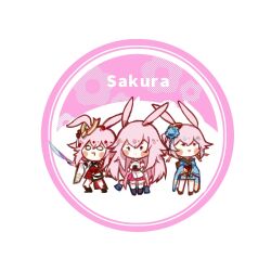  3girls animal_ears armor blue_flower blue_kimono character_name chibi chon_(klliaytong) closed_mouth commentary_request flower food fox_ears hair_flower hair_ornament holding holding_food holding_sword holding_weapon honkai_(series) honkai_impact_3rd japanese_armor japanese_clothes katana kimono long_hair multiple_girls multiple_persona nontraditional_miko o_o onigiri open_mouth pink_hair pink_skirt ribbon-trimmed_thighhighs ribbon_trim short_kimono simple_background skirt sword thigh-highs weapon white_background white_kimono white_sleeves white_thighhighs yae_sakura yae_sakura_(blooming_maiko) yae_sakura_(flame_sakitama) yae_sakura_(goushinnso_memento) yae_sakura_(gyakushinn_miko) 