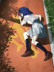  1girl black_socks blue_hair brown_shoes commentary_request day full_body grey_skirt highres imitating loafers looking_at_viewer looking_to_the_side lying make_heroine_ga_oo_sugiru! medium_hair on_side outdoors path pleated_skirt school_uniform shadow shirt shoes short_sleeves sideways_glance skirt socks user_trsh4774 white_shirt yanami_anna 