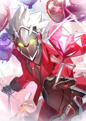  1boy alternate_costume balloon bangboo_(zenless_zone_zero) billy_kid brown_shirt clothed_robot commentary cowboy_shot erisaki_shimatsu heart_balloon highres holding holding_balloon humanoid_robot incoming_gift jacket looking_at_viewer male_focus necktie pants red_jacket red_necktie red_pants robot robot_boy shirt spiky_hair untranslatable_commentary valentine white_hair yellow_eyes zenless_zone_zero 