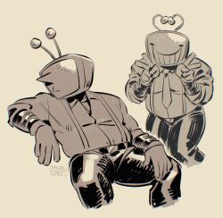  1boy ant_tenna artist_name belt_buckle buckle closed_mouth crt deltarune english_commentary gloves grid_teeth highres long_nose looking_at_viewer looking_to_the_side male_focus monochrome object_head officialspec pointy_nose radio_antenna smile solo thighs utdr_(toby_fox) v 