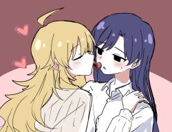  2girls ahoge black_eyes blonde_hair blush chiwawa174 collared_shirt hand_on_another's_shoulder heart highres hoshii_miki idolmaster idolmaster_(classic) kisaragi_chihaya long_hair multiple_girls parted_lips purple_hair shirt sweat white_shirt yuri 