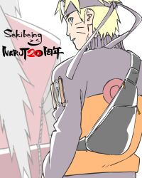  2boys artist_name blonde_hair commentary_request facial_mark flak_jacket forehead_protector highres jacket jiraiya_(naruto) konohagakure_symbol long_hair looking_back male_focus multiple_boys naruto_(series) naruto_shippuuden scroll_tube sekibeing signature teacher_and_student uzumaki_naruto uzumaki_symbol whisker_markings white_hair 