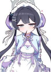  1girl alternate_costume black_hair blue_archive breasts bun_cover butterfly_hair_ornament chinese_clothes choker commentary double_bun dress food food_in_mouth green_halo hair_bun hair_ornament halo highres kisaki_(blue_archive) kurosaki_kousuke long_hair looking_at_viewer pocky pocky_in_mouth purple_choker simple_background small_breasts solo twintails white_background 