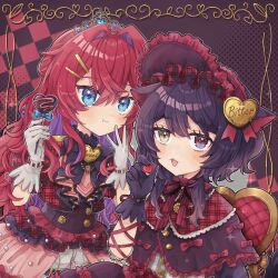  2girls :3 :t alternate_costume ange_katrina animal_ears arm_ribbon blue_eyes blush bonnet bow bowtie brown_background brown_hair buttons candy capelet checkered_background chocolate chu_mochi closed_mouth commentary_request cropped_jacket crossed_bangs dog_ears dog_girl double-breasted eating eyelashes fang food frilled_bonnet frilled_skirt frills gloves grey_bow grey_bowtie grey_gloves grid_print hair_between_eyes hair_intakes hair_ornament hairpin half_updo hands_up heart heart-shaped_chocolate heart-shaped_food heterochromia highres holding holding_chocolate holding_food inui_toko jacket lace-trimmed_bowtie layered_skirt long_hair looking_at_viewer multiple_girls multiple_hairpins nijisanji open_mouth plaid_clothes plaid_jacket plaid_skirt print_bow print_bowtie purple_capelet red_background red_bonnet red_bow red_bowtie red_eyes red_hair red_jacket red_ribbon red_skirt ribbon showgirl_skirt skirt striped_bow striped_bowtie striped_clothes tiara unmoving_pattern very_long_hair virtual_youtuber white_gloves yellow_eyes 