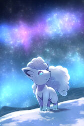  alolan_vulpix animal_focus blue_eyes commentary_request fox highres looking_up night no_humans parted_lips pokemon pokemon_(creature) pokemon_focus rumine_(yoshi1234567) sky snow solo star_(sky) white_fur 