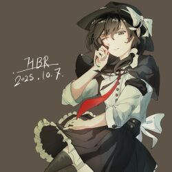  1girl back_bow black_capelet black_hat black_skirt black_thighhighs bow brown_background brown_eyes brown_hair buttons capelet chinese_commentary commentary dated dress_shirt frilled_skirt frills hair_tie hand_on_own_face hat hat_bow medium_hair necktie one_eye_closed open_mouth red_necktie renkxia shirt shirt_tucked_in signature simple_background skirt sleeves_rolled_up solo thigh-highs touhou usami_renko white_bow white_shirt 